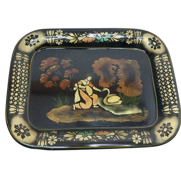 Vintage Metal Toleware Tray Woman Feeding Swan Black Gold Mid-Century Hand Paint - Picture 1 of 9